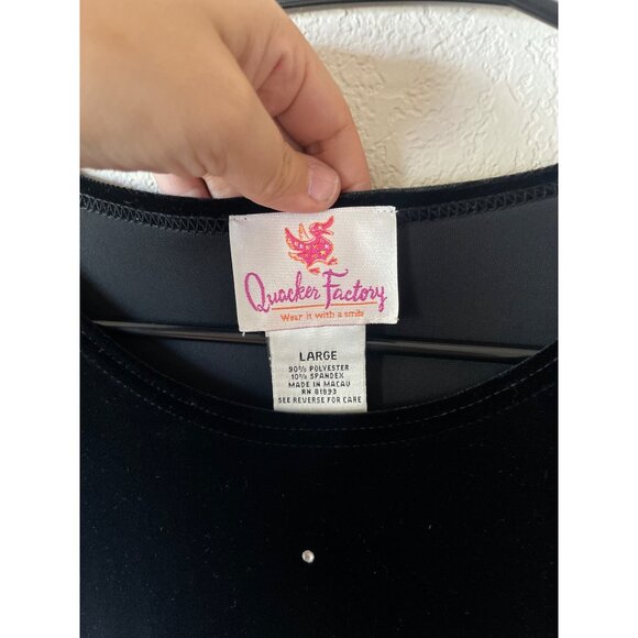 Quacker Factory Black Velour Rhinestone Velvet Short Sleeve Women's Top Size L - Picture 2 of 3